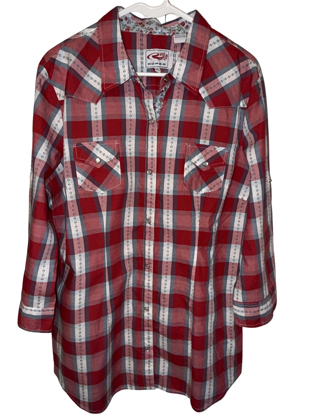 Roper Red, Blue & White Plaid Western Pearl Snap Shirt 3/4 Sleeve